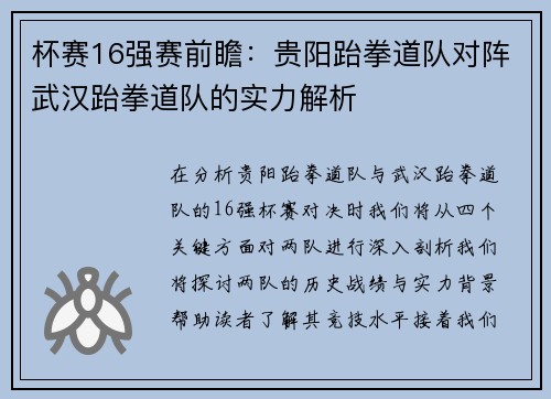 杯赛16强赛前瞻：贵阳跆拳道队对阵武汉跆拳道队的实力解析